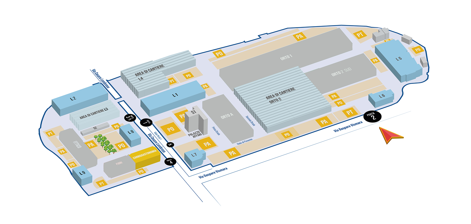 Mappa del comprensorio del Mercato Agroalimentare Milano con edifici e aree di servizio