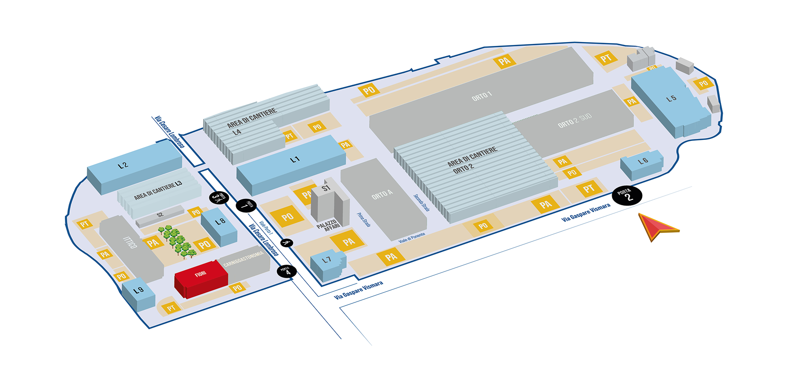 Mappa del comprensorio del Mercato Agroalimentare Milano con edifici e aree di servizio