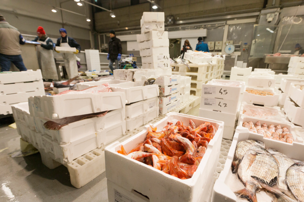 Cassette di pesce fresco al Mercato Ittico di Milano con operatori al lavoro sullo sfondo