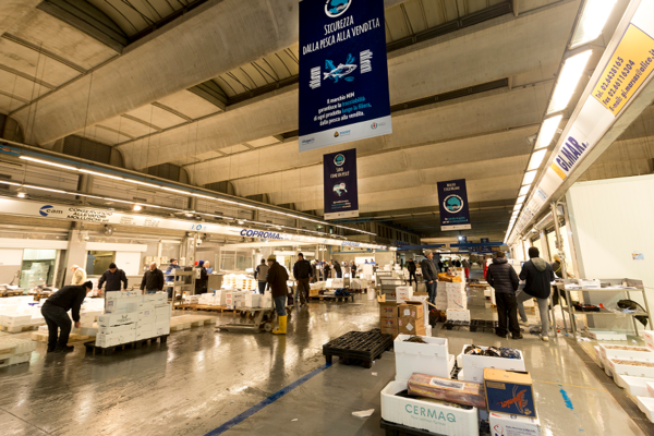 Interno del Mercato Ittico di Milano con operatori al lavoro tra banchi e cassette di pesce