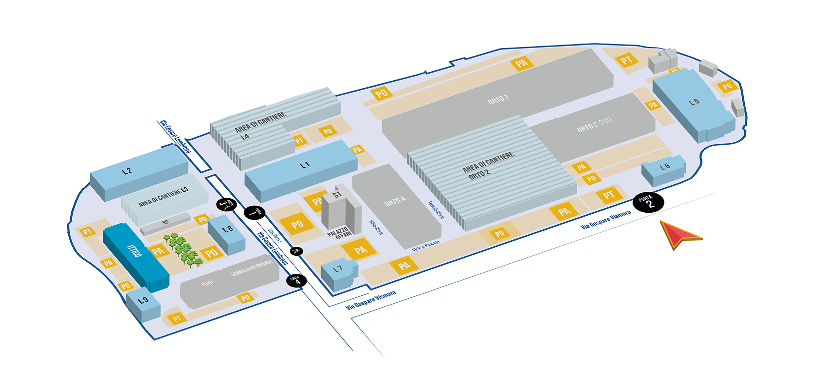 Mappa del comprensorio del Mercato Agroalimentare Milano con edifici e aree di servizio