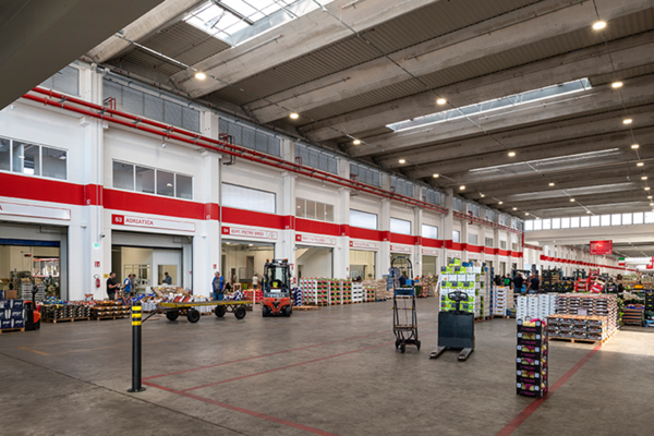 Interno del Padiglione 1 Ortofrutta del mercato Foody di Milano, con operatori e muletti tra bancali di prodotti freschi